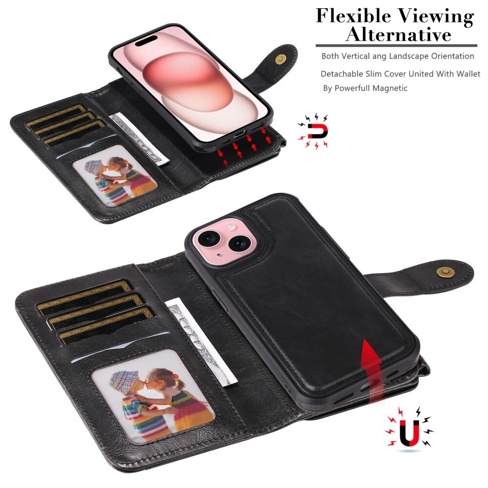 iPhone 15 Magnet Leather Multi Wallet Black