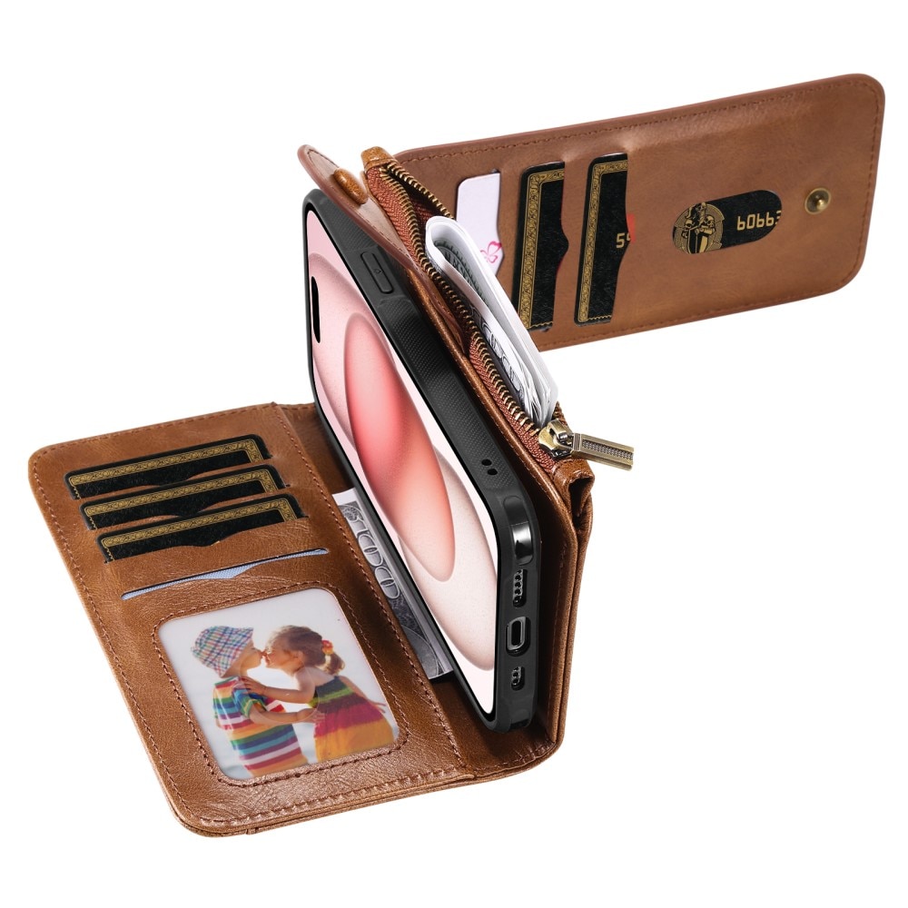 iPhone 15 Magnet Leather Multi Wallet Brown