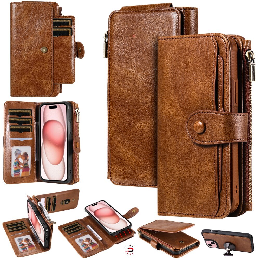 iPhone 15 Magnet Leather Multi Wallet Brown