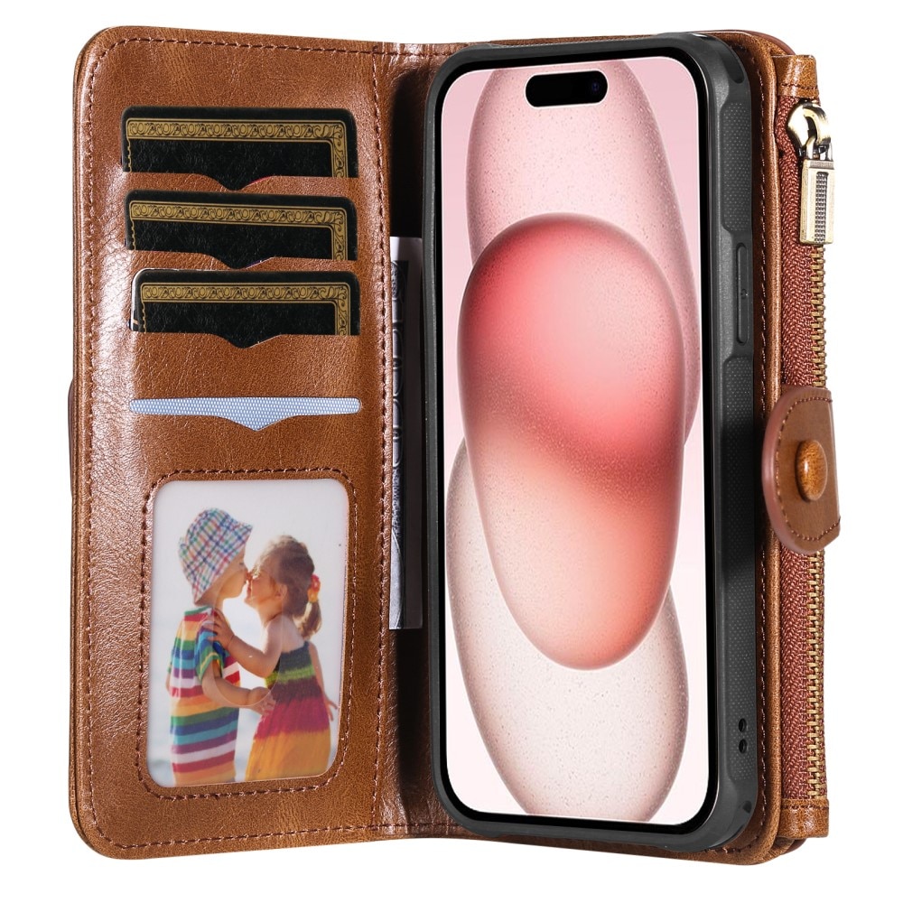iPhone 15 Magnet Leather Multi Wallet Brown