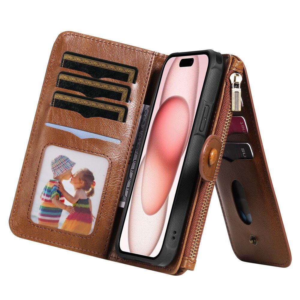 iPhone 15 Magnet Leather Multi Wallet Brown