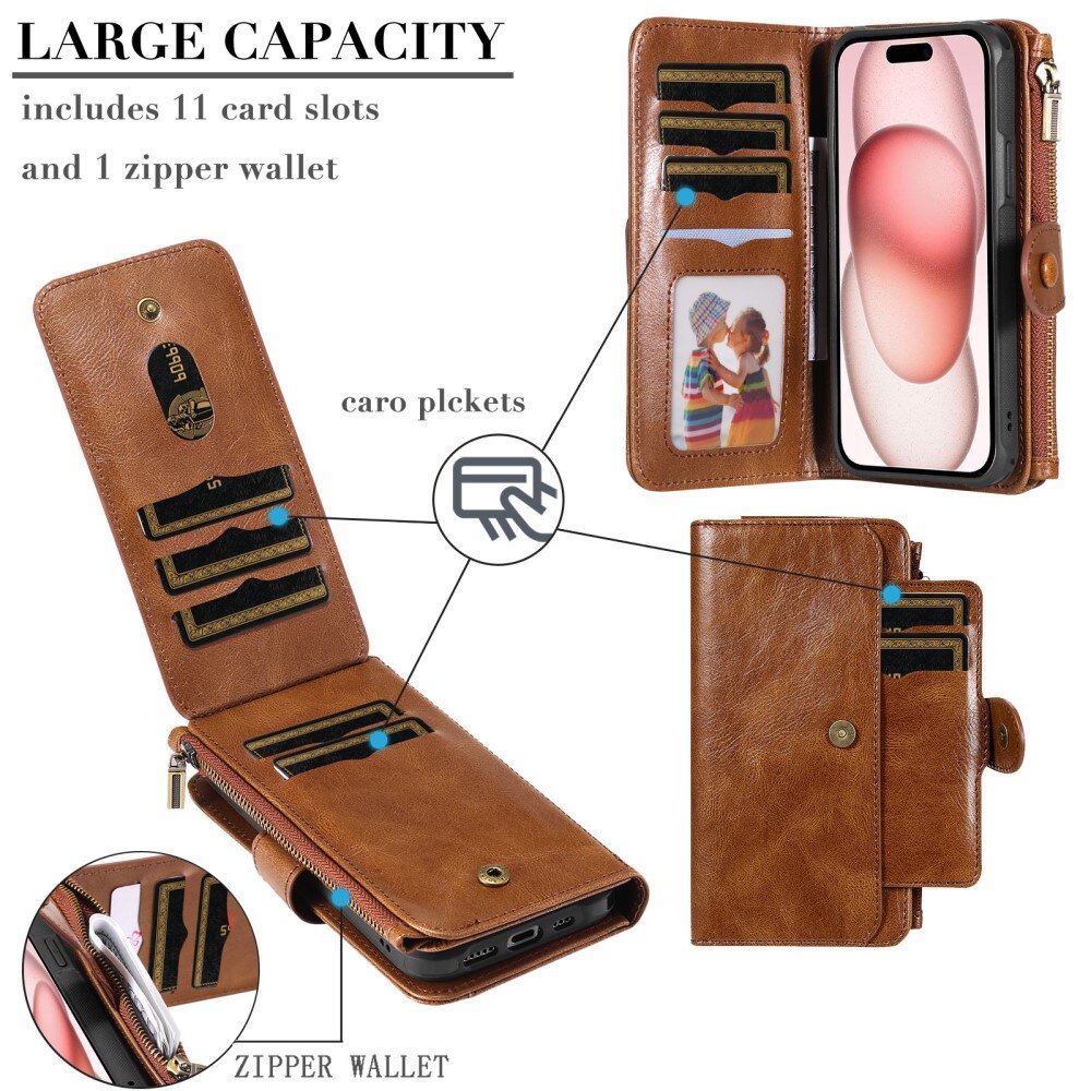 iPhone 15 Magnet Leather Multi Wallet Brown