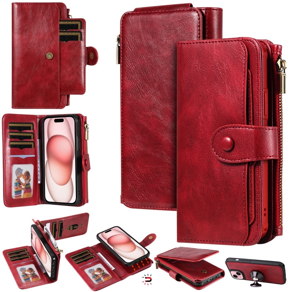 iPhone 15 Magnet Leather Multi Wallet Red