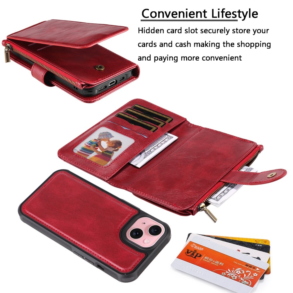 iPhone 15 Magnet Leather Multi Wallet Red