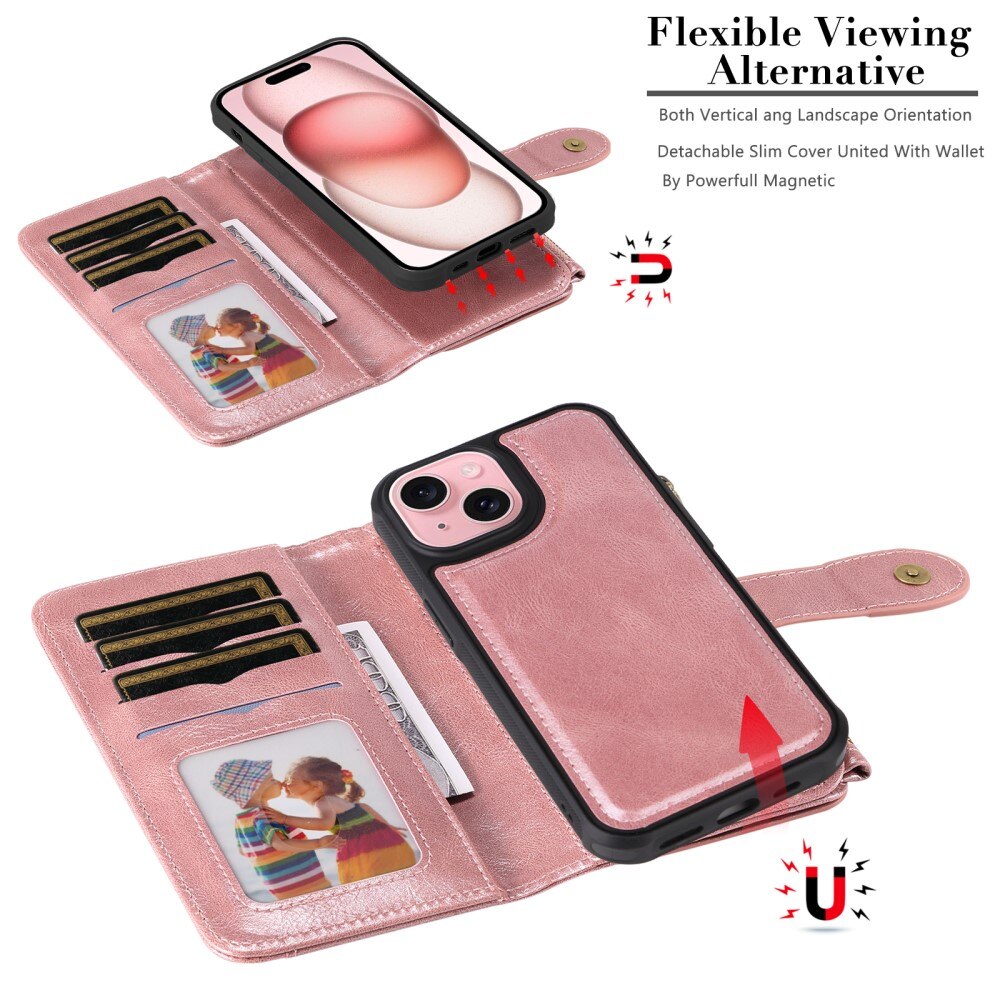 iPhone 15 Magnet Leather Multi Wallet Pink