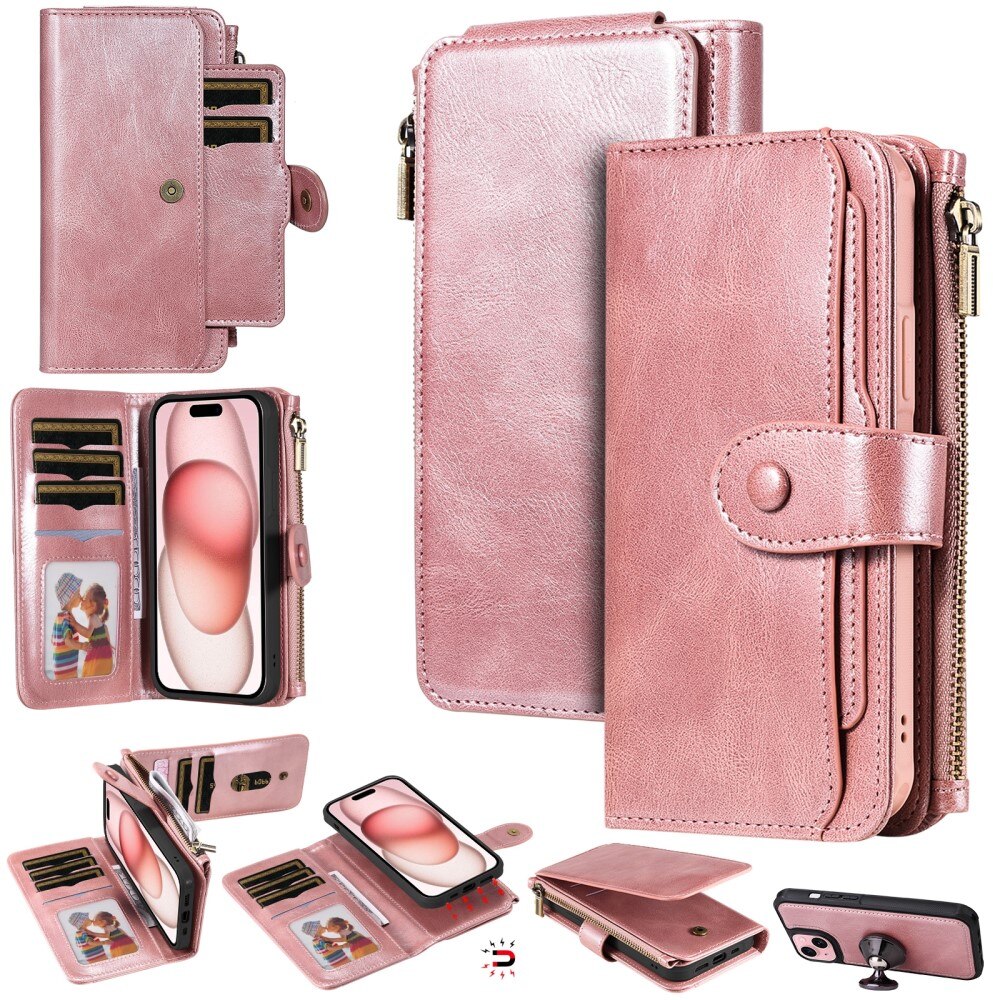 iPhone 15 Magnet Leather Multi Wallet Pink