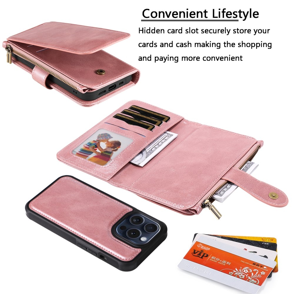 iPhone 15 Pro Magnet Leather Multi Wallet Pink