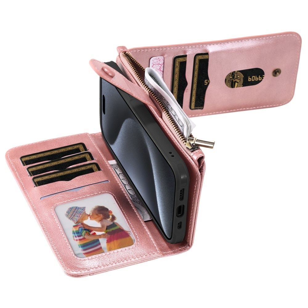 iPhone 15 Pro Magnet Leather Multi Wallet Pink