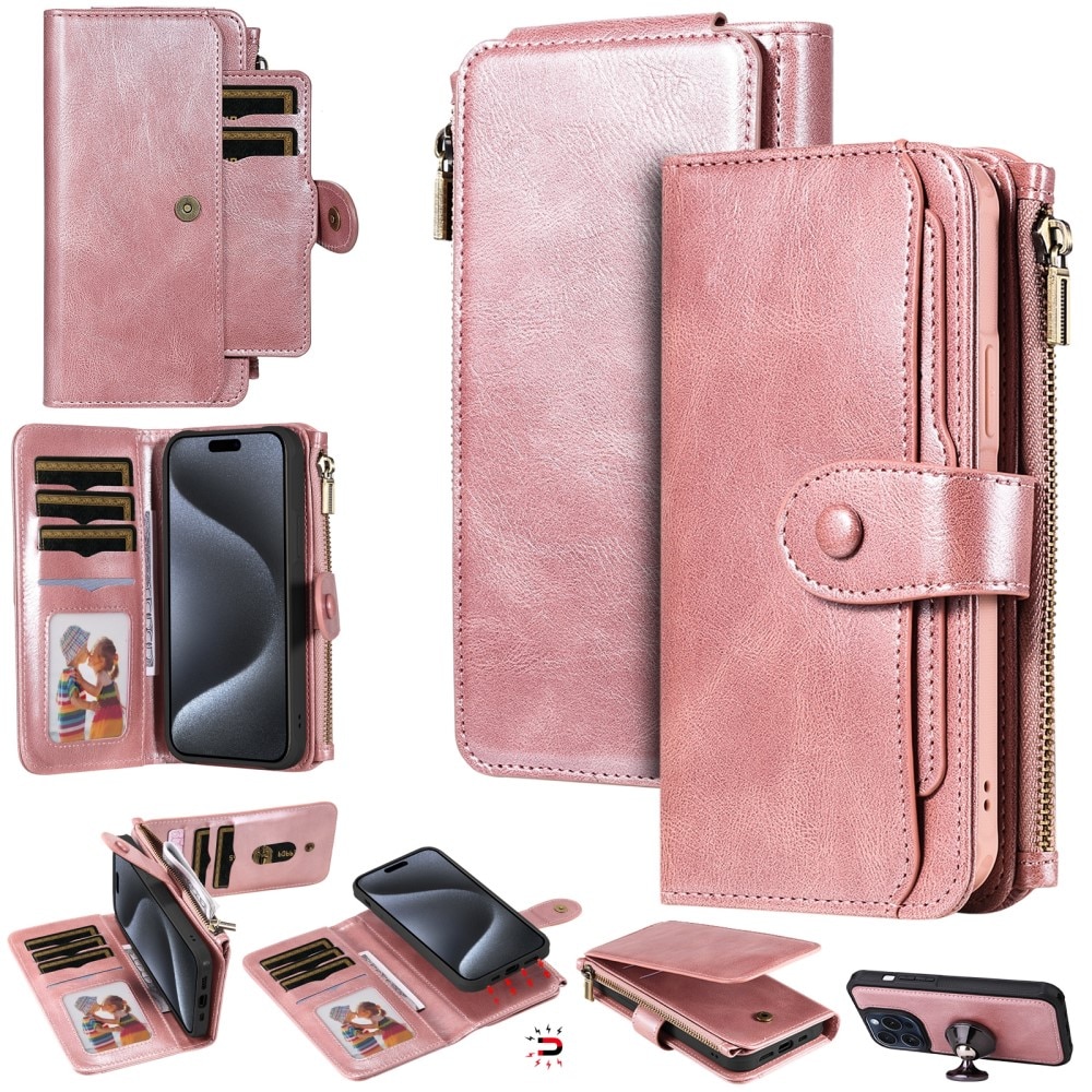 iPhone 15 Pro Magnet Leather Multi Wallet Pink