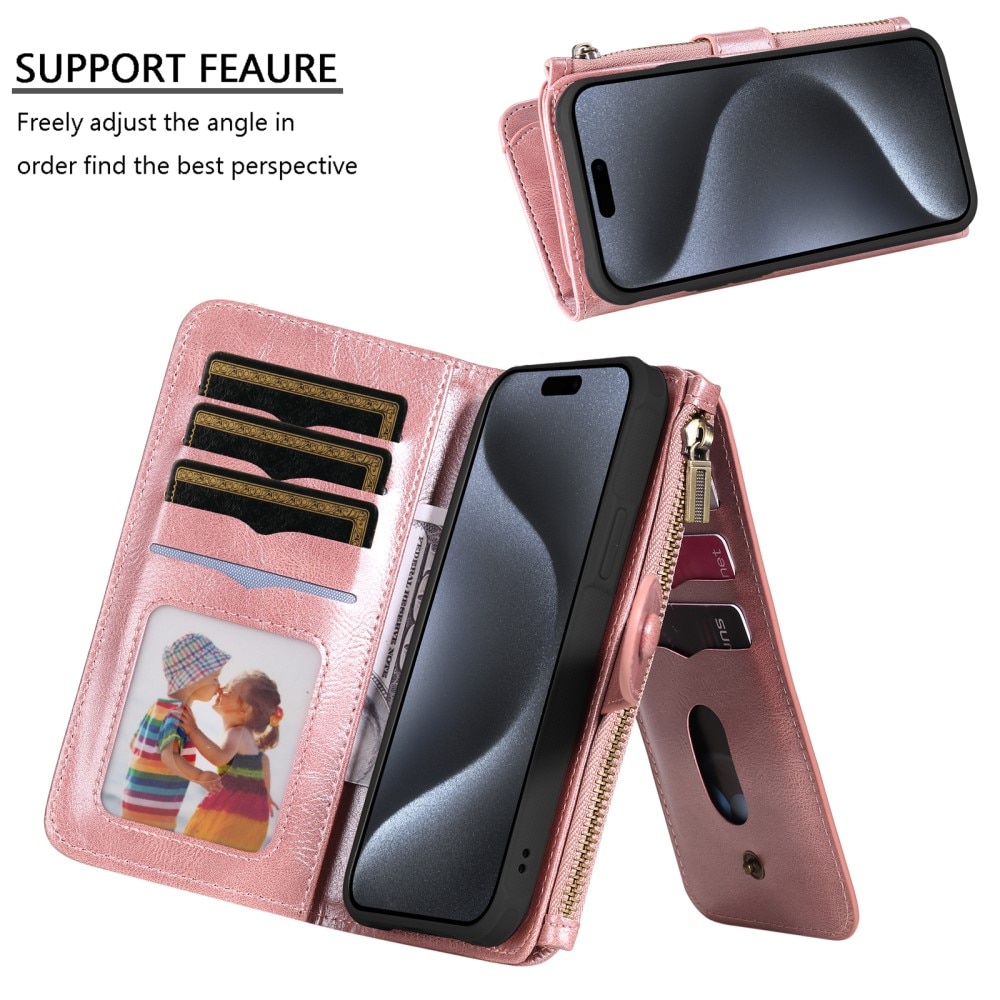 iPhone 15 Pro Magnet Leather Multi Wallet Pink