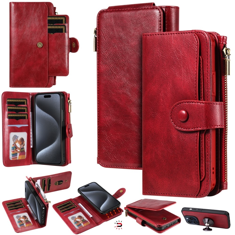 iPhone 15 Pro Magnet Leather Multi Wallet Red