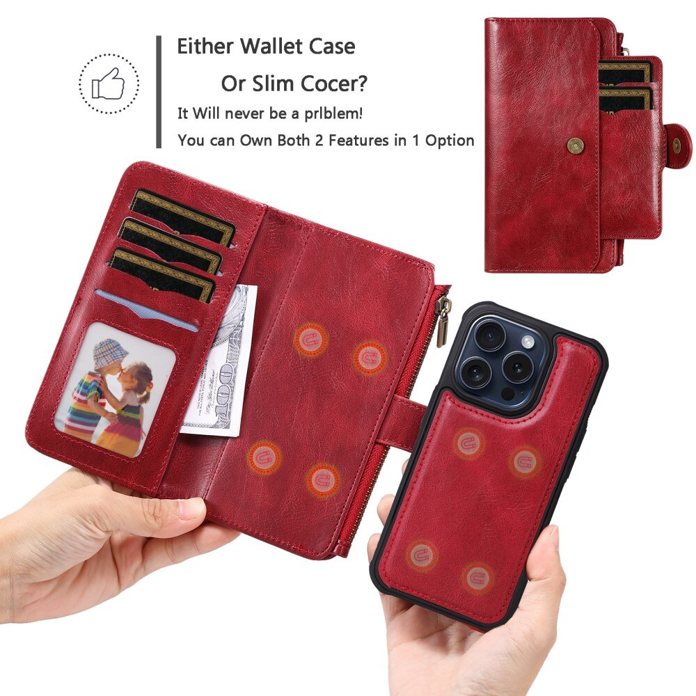 iPhone 15 Pro Magnet Leather Multi Wallet Red