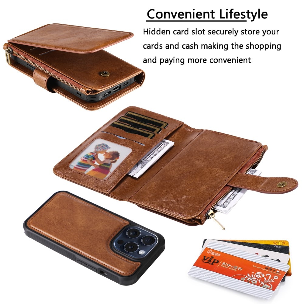 iPhone 15 Pro Magnet Leather Multi Wallet Brown