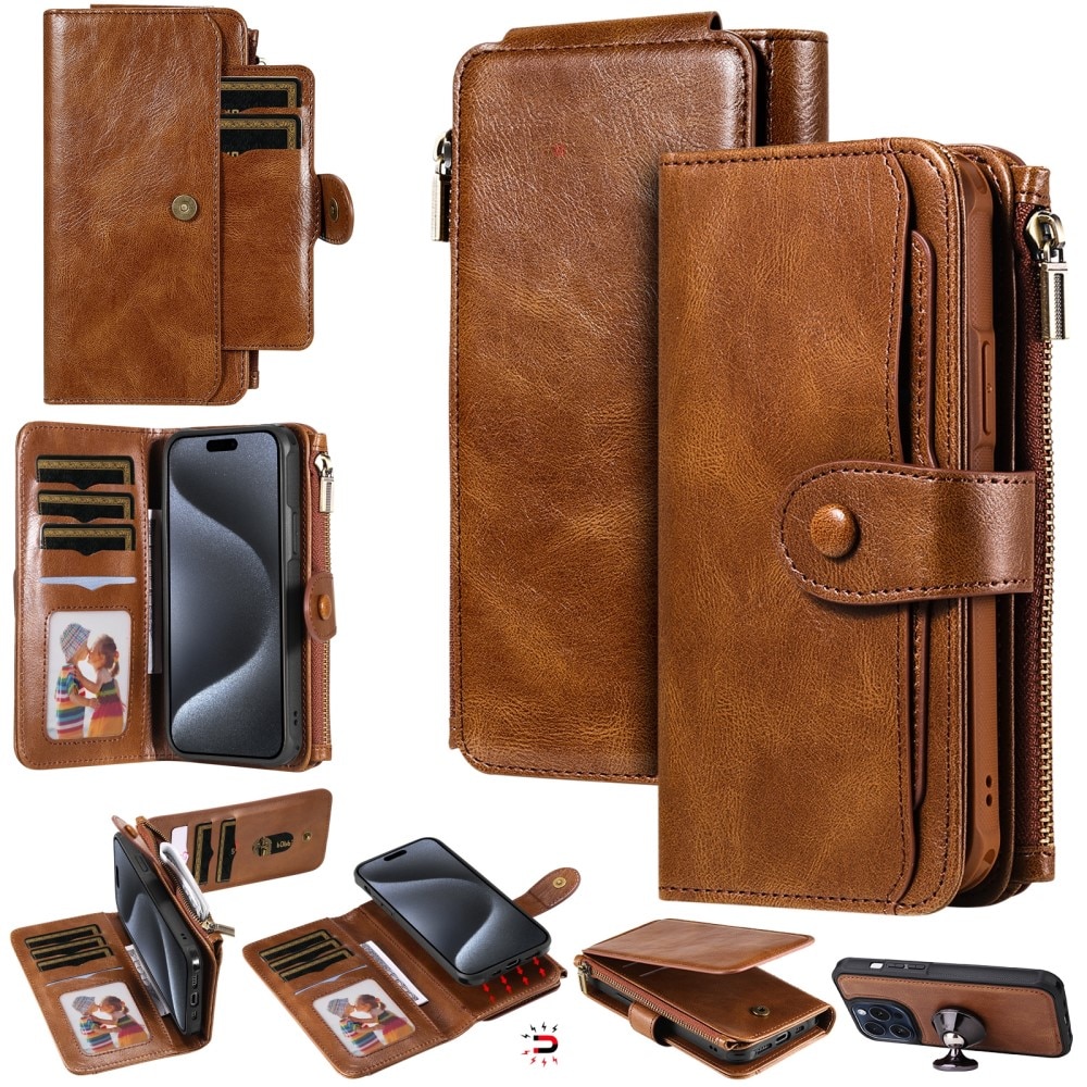 iPhone 15 Pro Magnet Leather Multi Wallet Brown