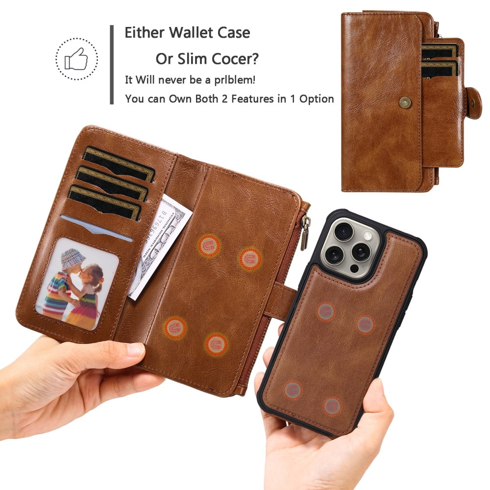 iPhone 15 Pro Max Magnet Leather Multi Wallet Brown