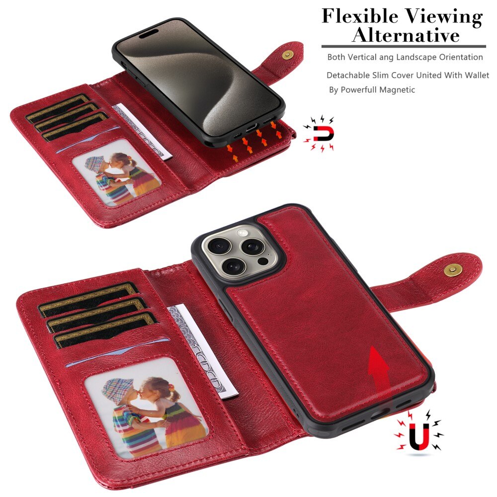 iPhone 15 Pro Max Magnet Leather Multi Wallet Red