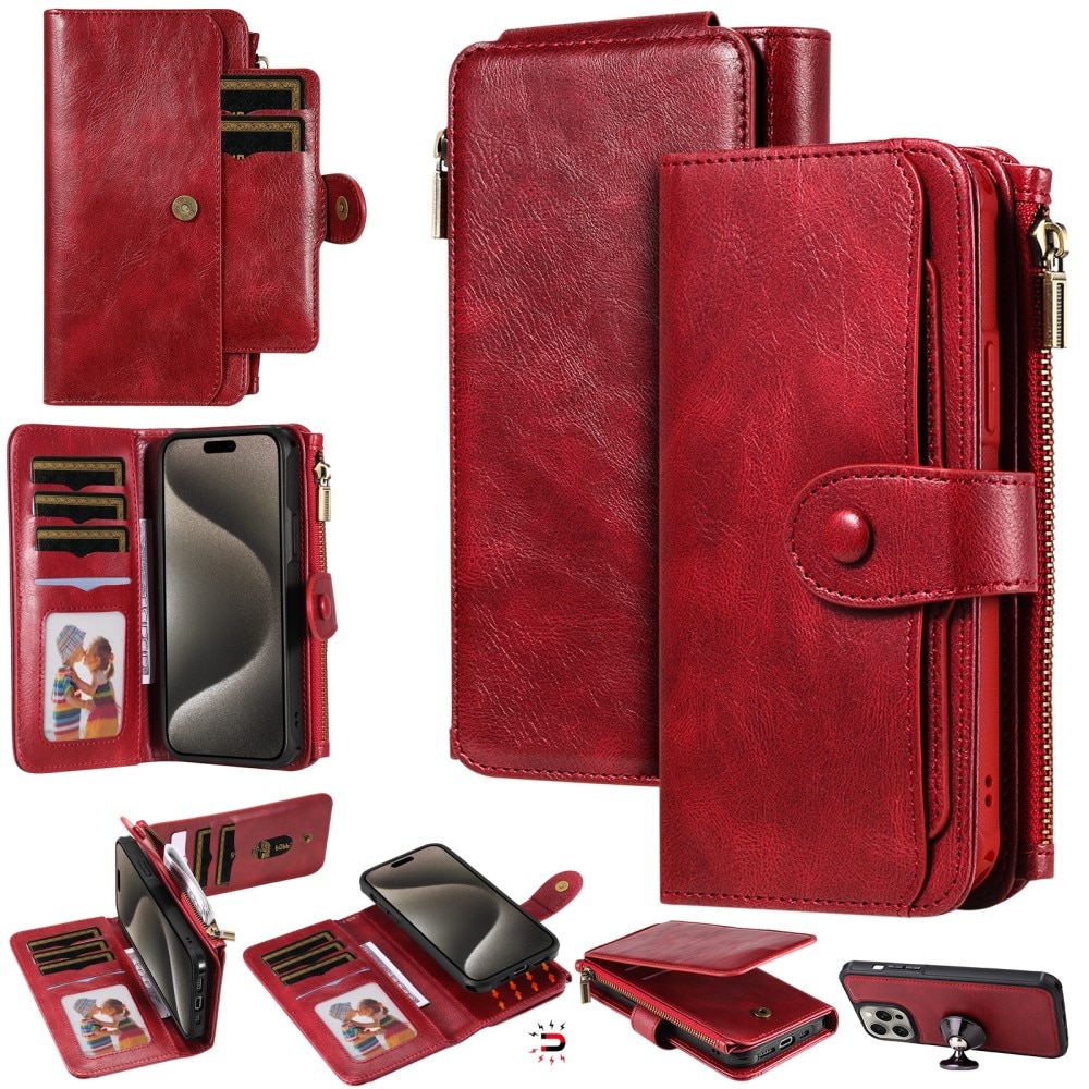 iPhone 15 Pro Max Magnet Leather Multi Wallet Red