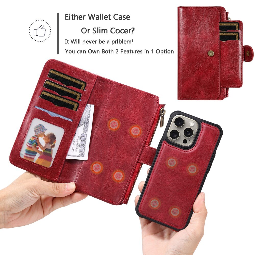 iPhone 15 Pro Max Magnet Leather Multi Wallet Red