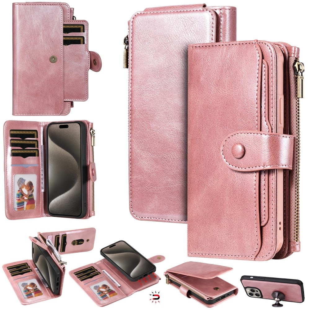 iPhone 15 Pro Max Magnet Leather Multi Wallet Pink