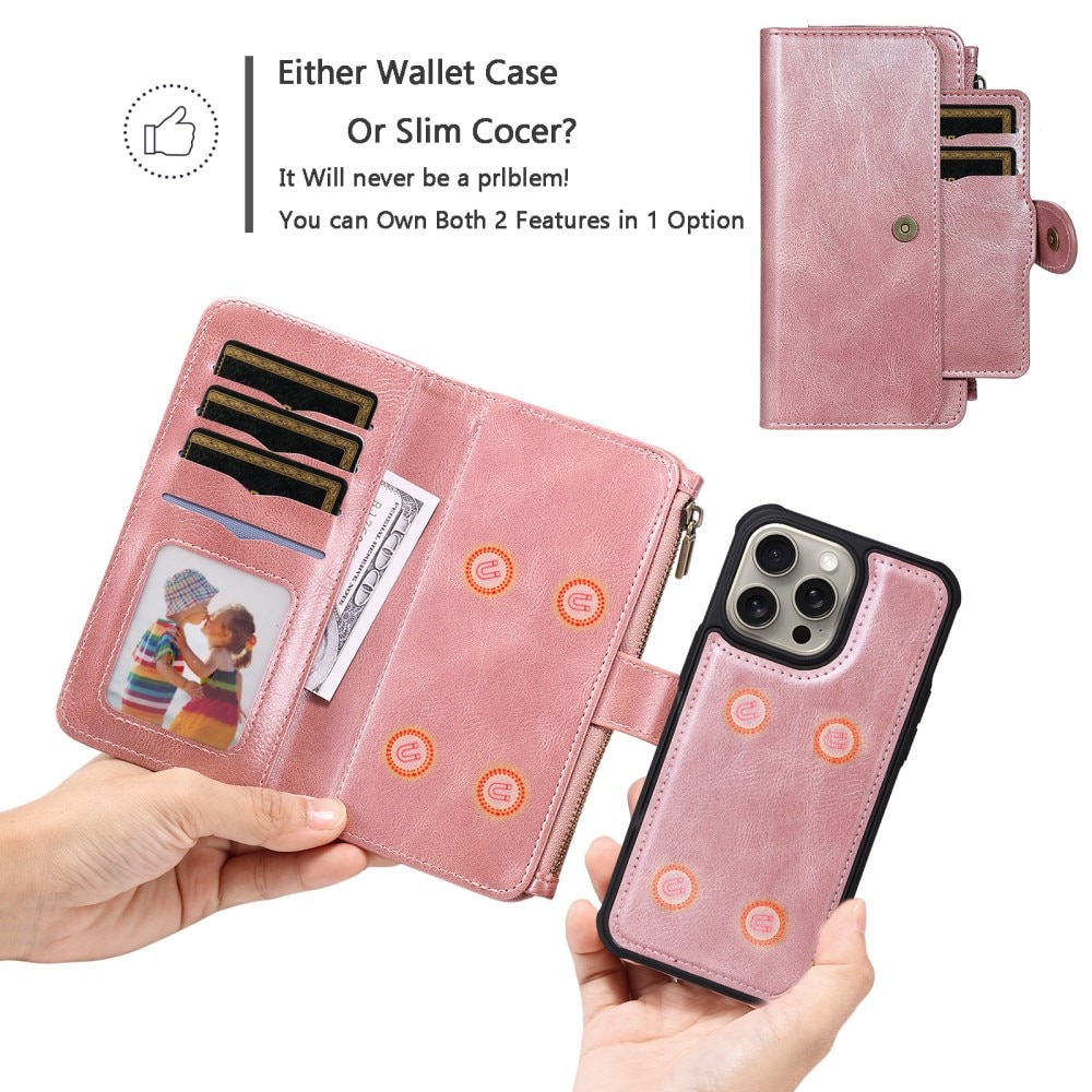 iPhone 15 Pro Max Magnet Leather Multi Wallet Pink