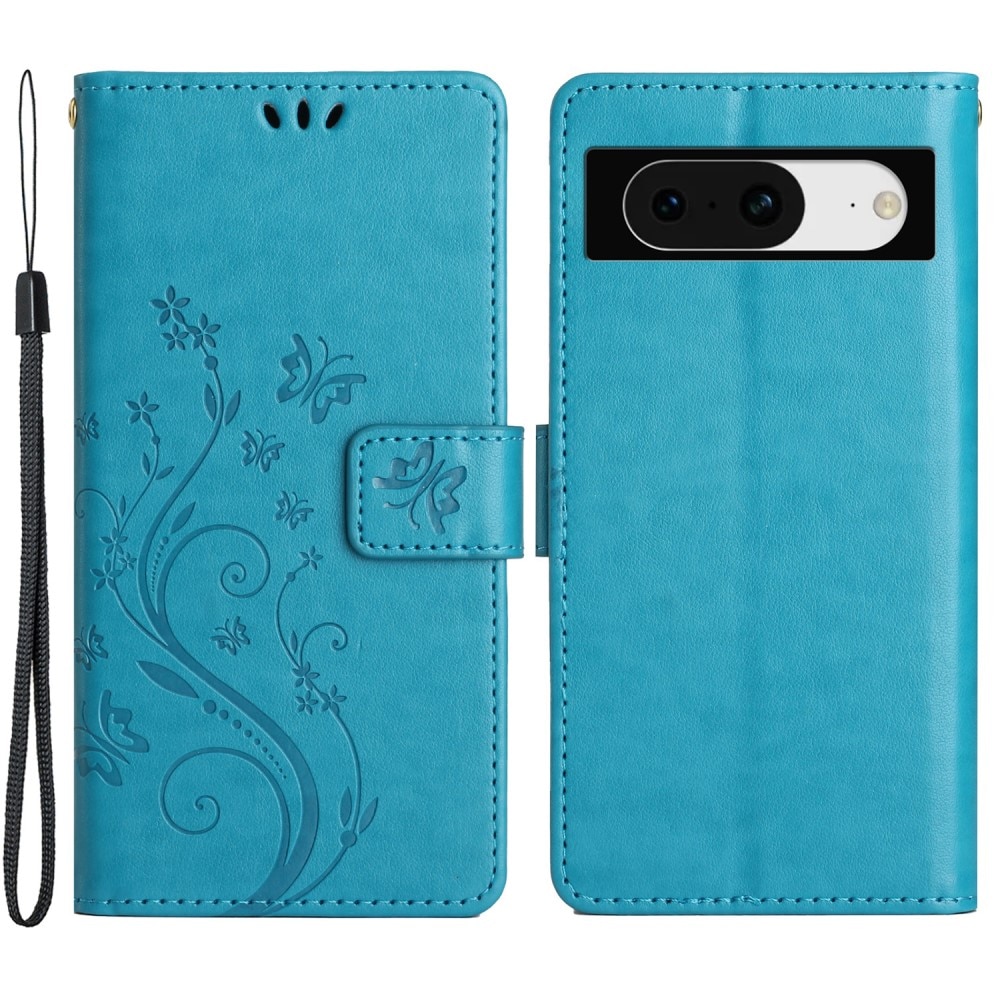 Google Pixel 8 Leather Cover Imprinted Butterflies Blue