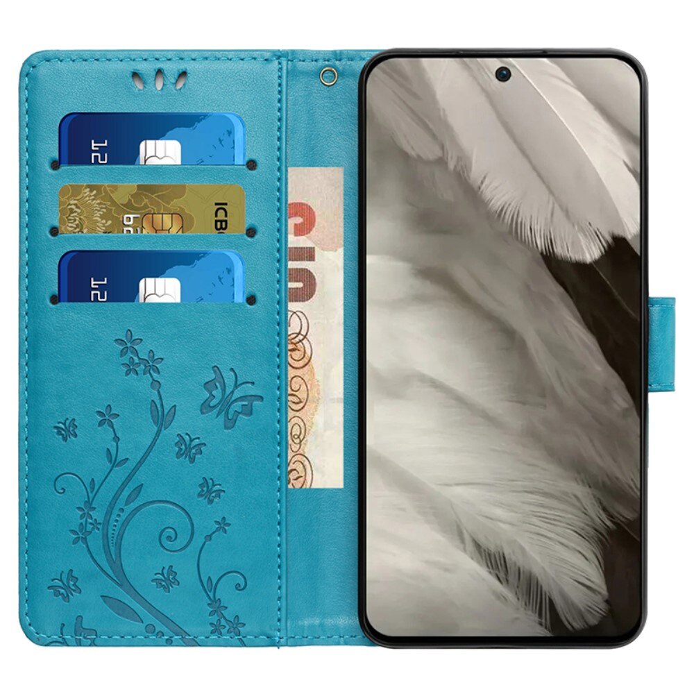 Google Pixel 8 Leather Cover Imprinted Butterflies Blue