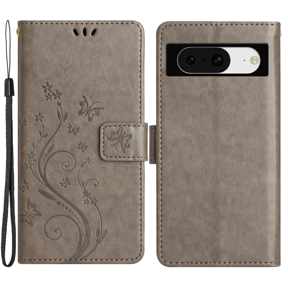 Google Pixel 8 Leather Cover Imprinted Butterflies Grey