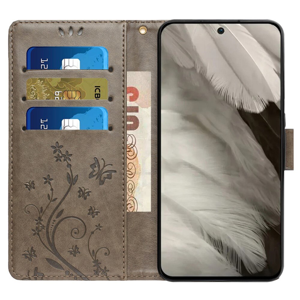 Google Pixel 8 Leather Cover Imprinted Butterflies Grey