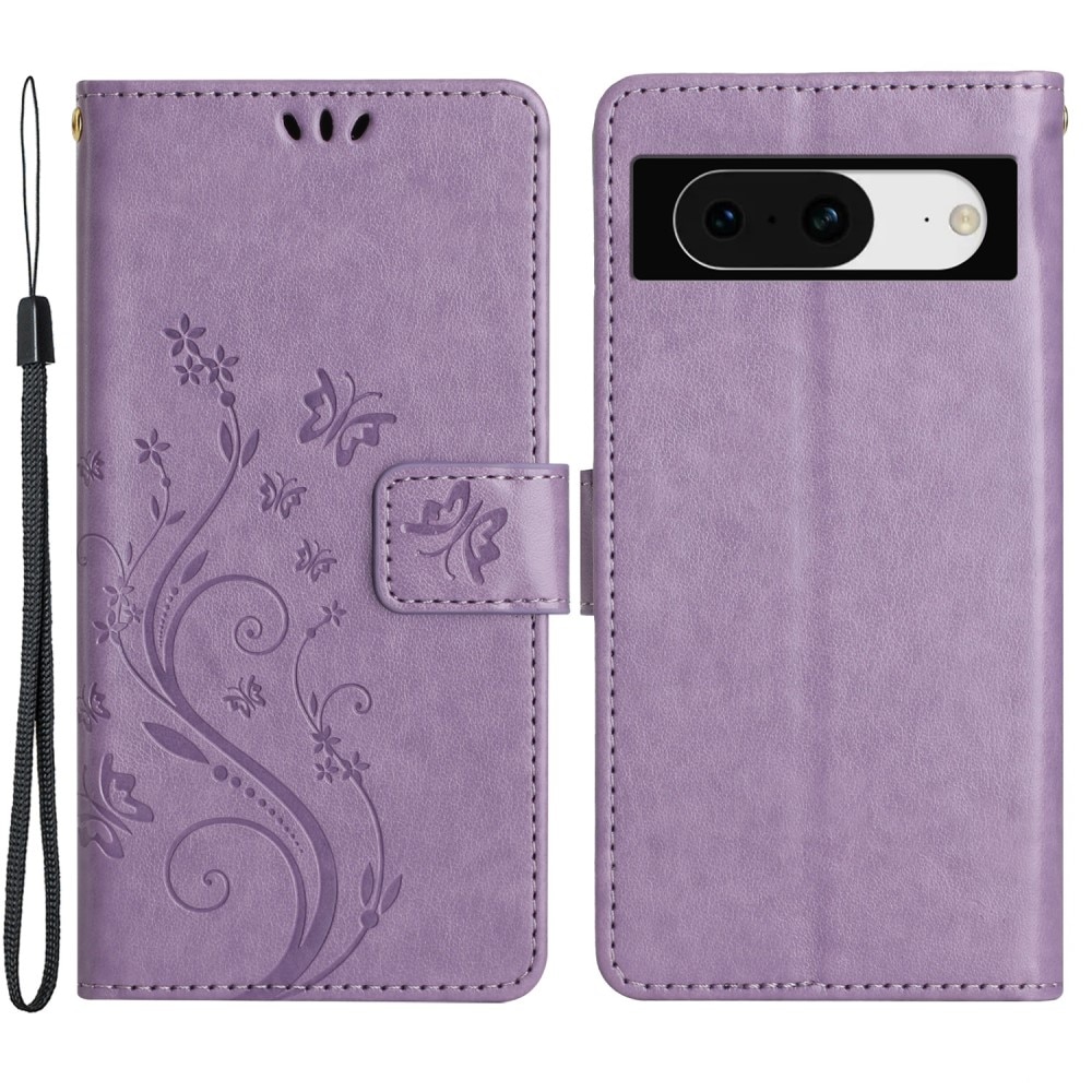 Google Pixel 8 Leather Cover Imprinted Butterflies Purple