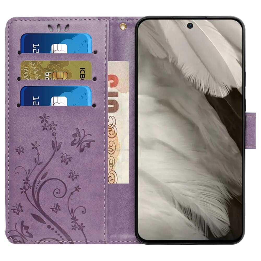 Google Pixel 8 Leather Cover Imprinted Butterflies Purple