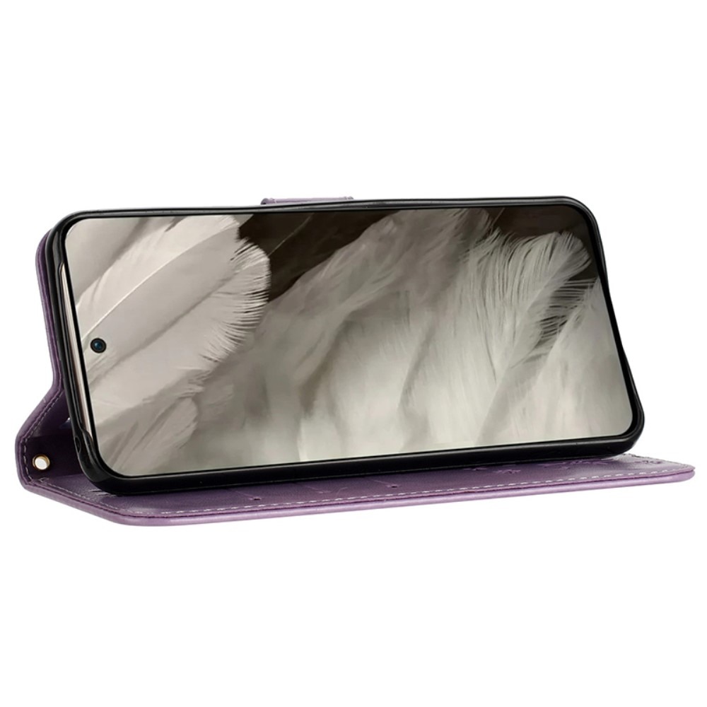 Google Pixel 8 Leather Cover Imprinted Butterflies Purple