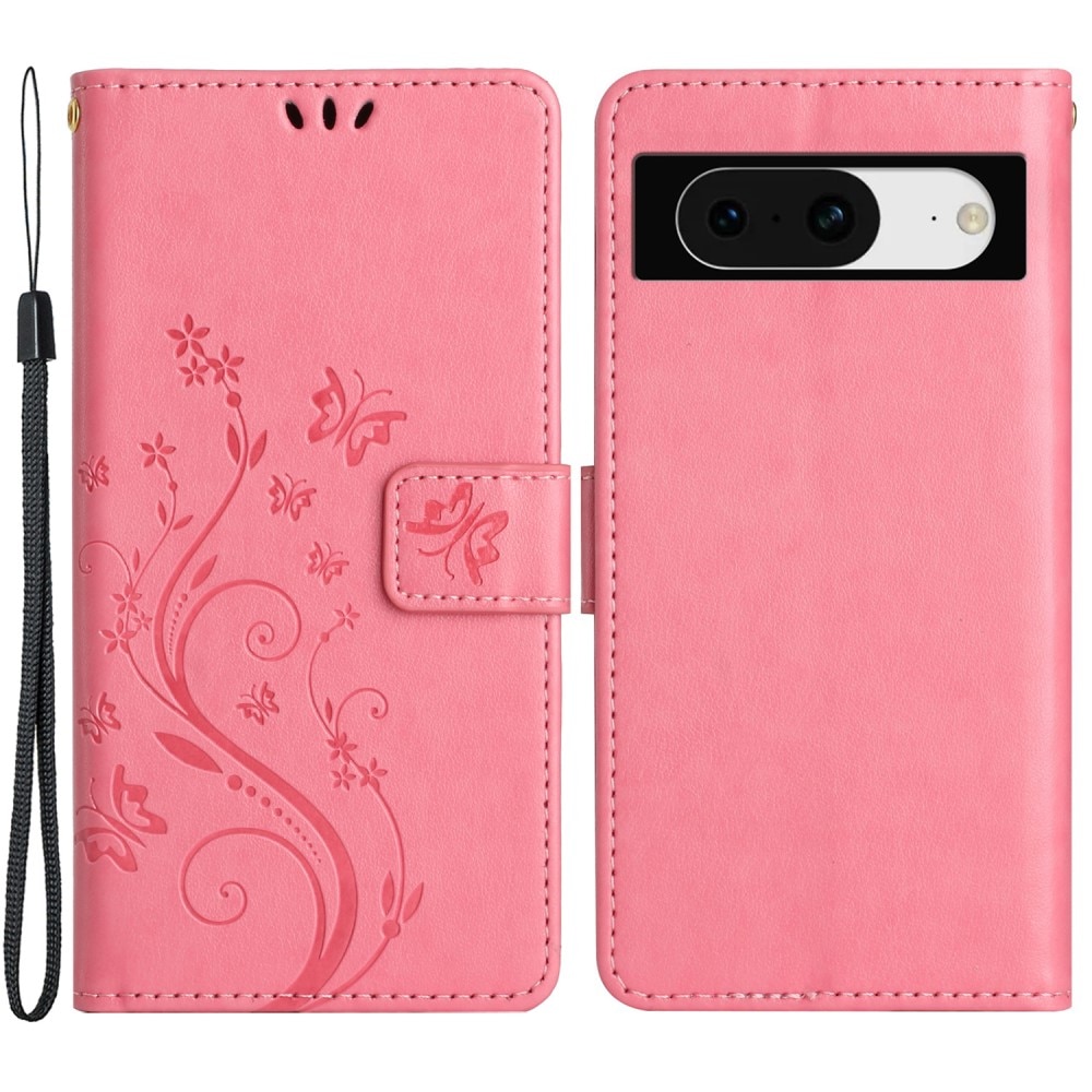 Google Pixel 8 Leather Cover Imprinted Butterflies Pink
