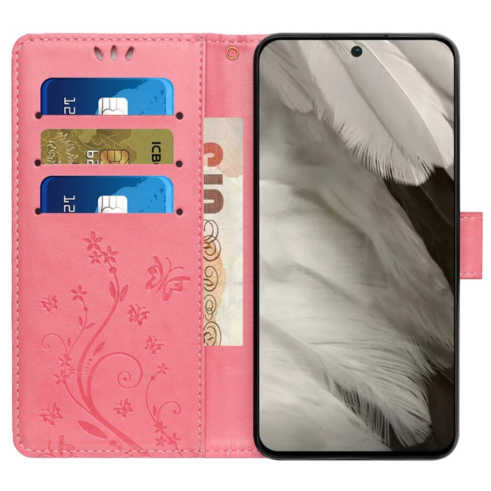 Google Pixel 8 Leather Cover Imprinted Butterflies Pink