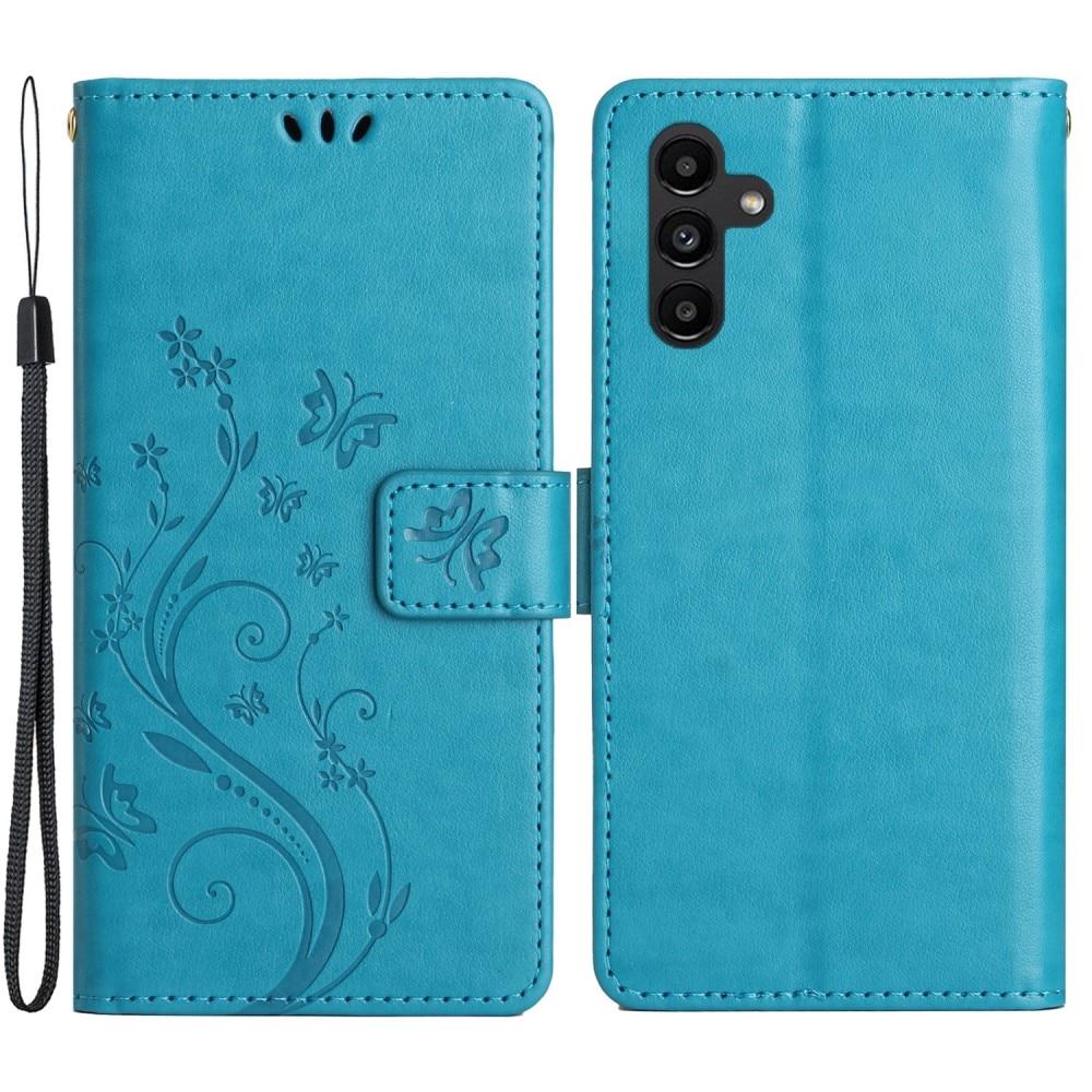 Samsung Galaxy A15 Leather Cover Imprinted Butterflies Blue