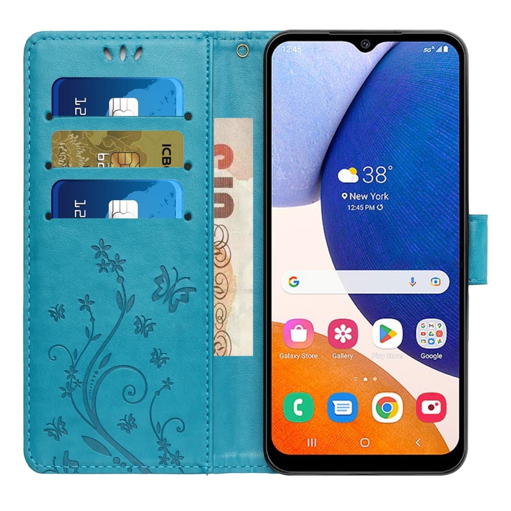 Samsung Galaxy A15 Leather Cover Imprinted Butterflies Blue