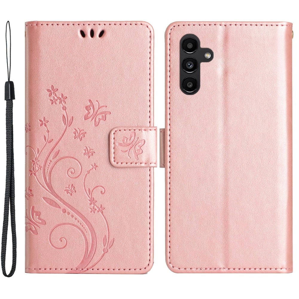 Samsung Galaxy A15 Leather Cover Imprinted Butterflies Pink Gold