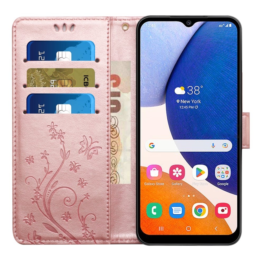Samsung Galaxy A15 Leather Cover Imprinted Butterflies Pink Gold