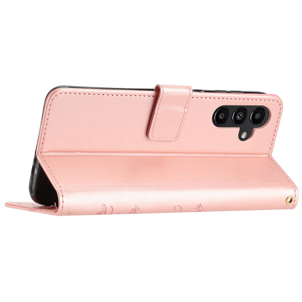 Samsung Galaxy A15 Leather Cover Imprinted Butterflies Pink Gold