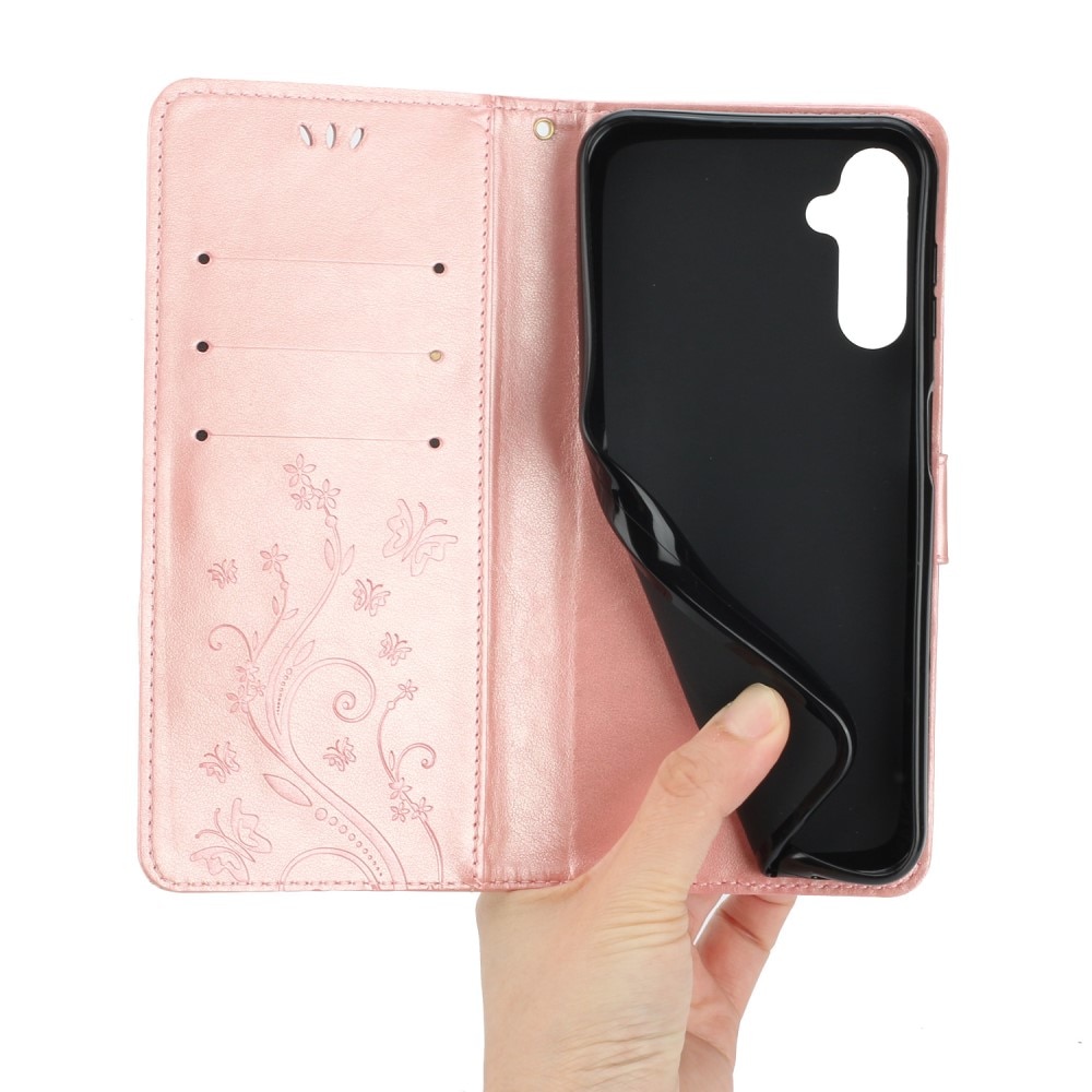 Samsung Galaxy A15 Leather Cover Imprinted Butterflies Pink Gold