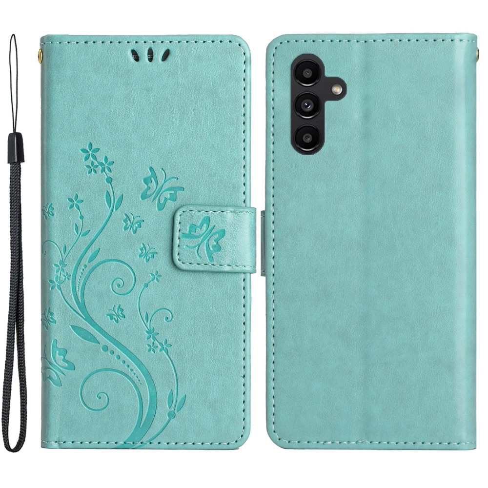 Samsung Galaxy A15 Leather Cover Imprinted Butterflies Green
