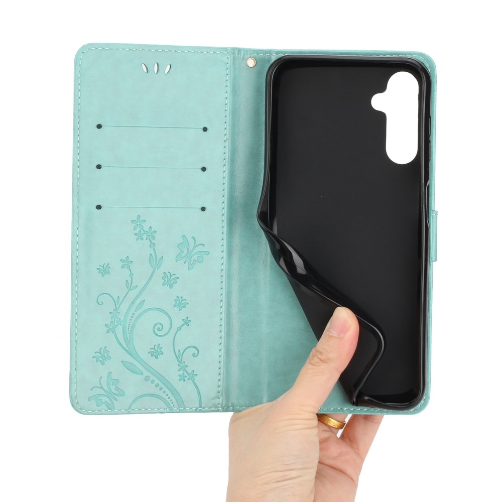 Samsung Galaxy A15 Leather Cover Imprinted Butterflies Green