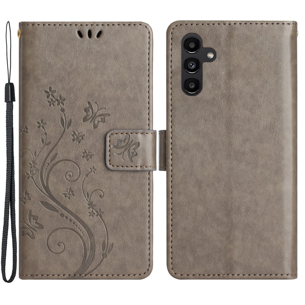 Samsung Galaxy A15 Leather Cover Imprinted Butterflies Grey