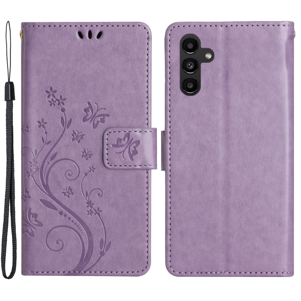 Samsung Galaxy A15 Leather Cover Imprinted Butterflies Purple