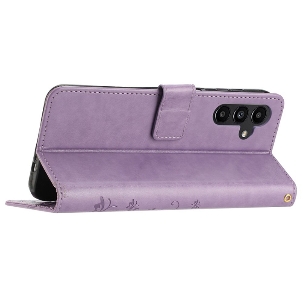 Samsung Galaxy A15 Leather Cover Imprinted Butterflies Purple