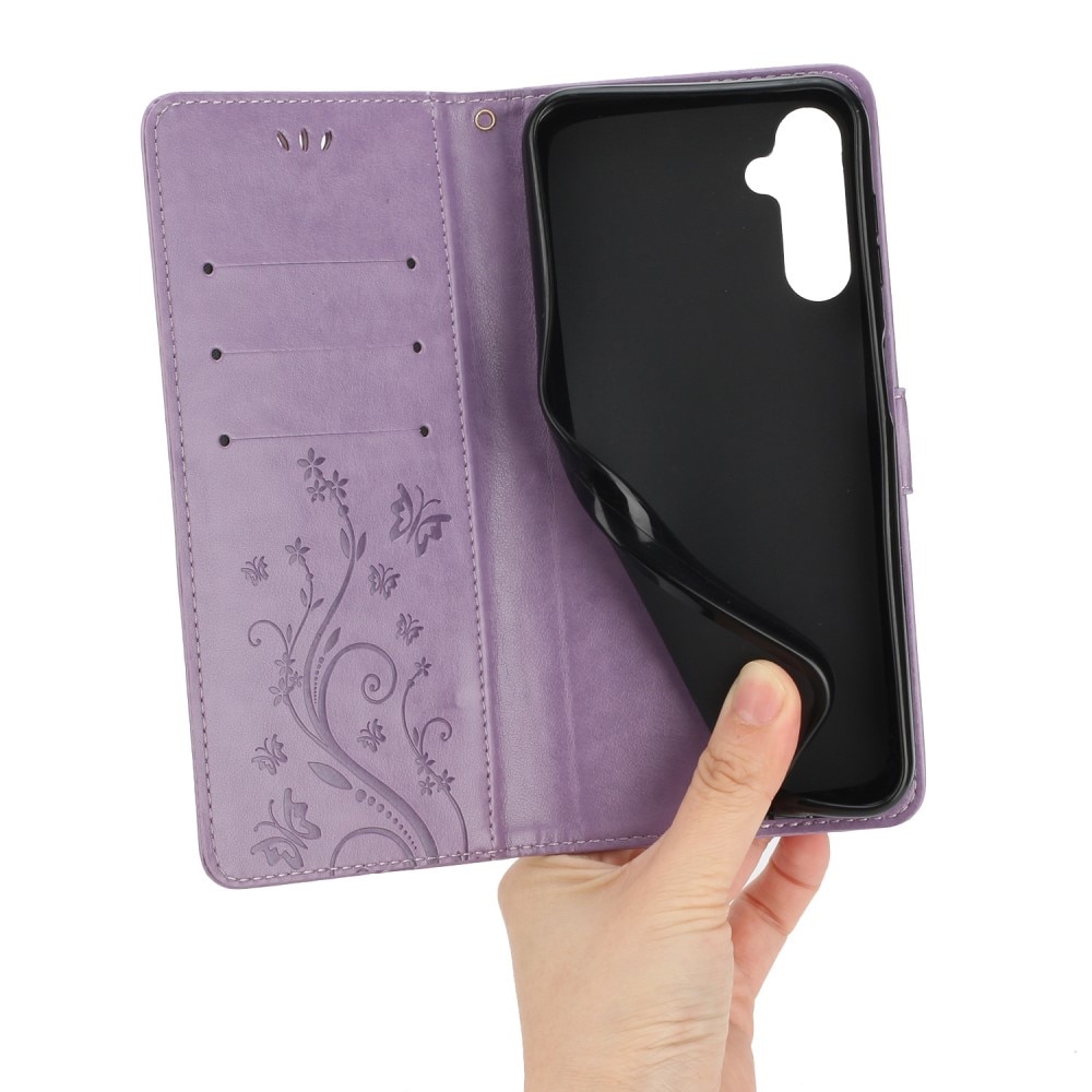 Samsung Galaxy A15 Leather Cover Imprinted Butterflies Purple