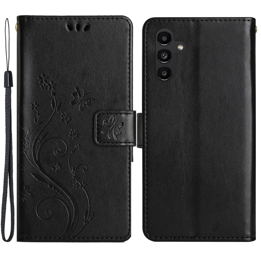 Samsung Galaxy A15 Leather Cover Imprinted Butterflies Black