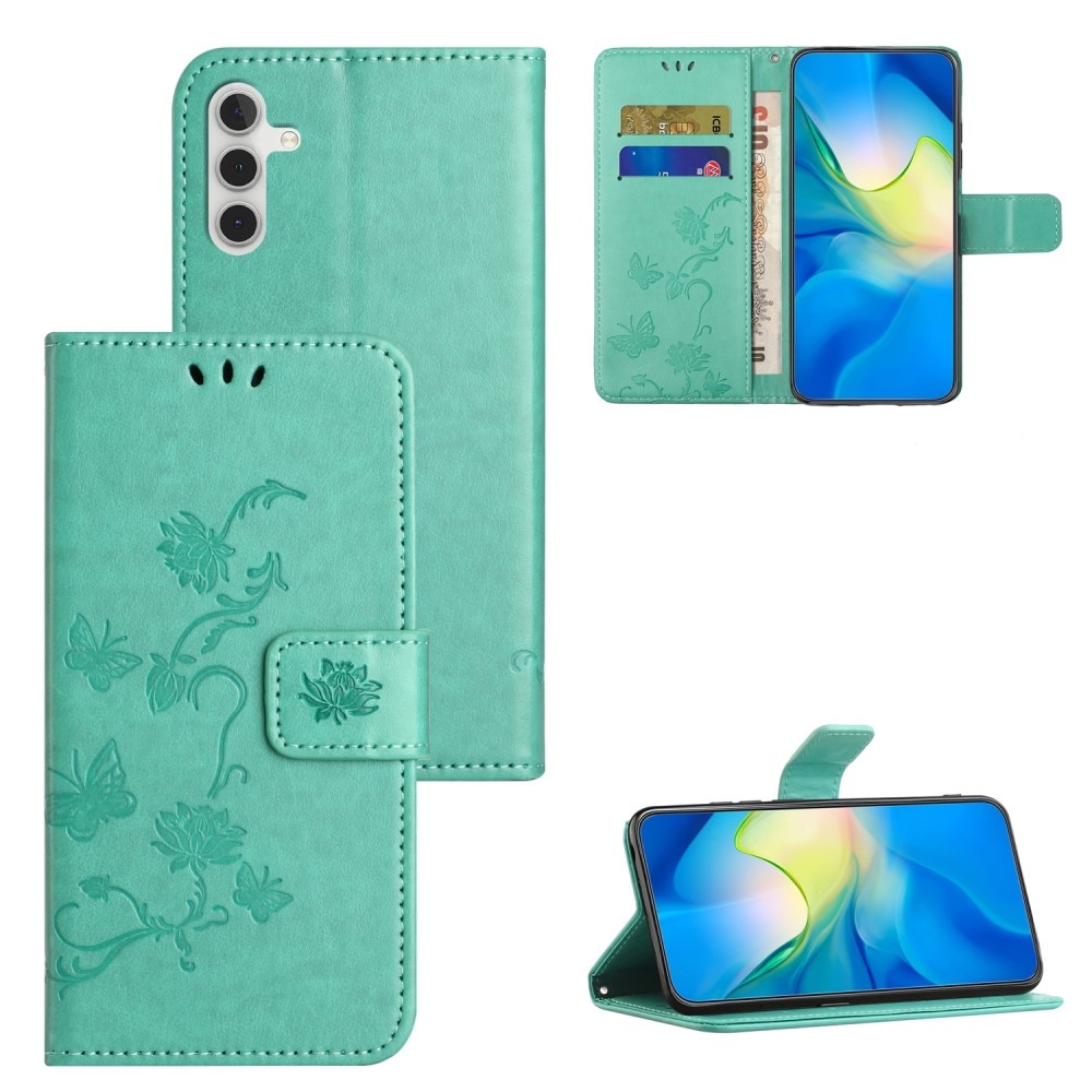 Samsung Galaxy S24 Leather Cover Imprinted Butterflies Green