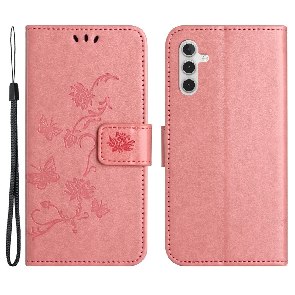 Samsung Galaxy S24 Leather Cover Imprinted Butterflies Pink