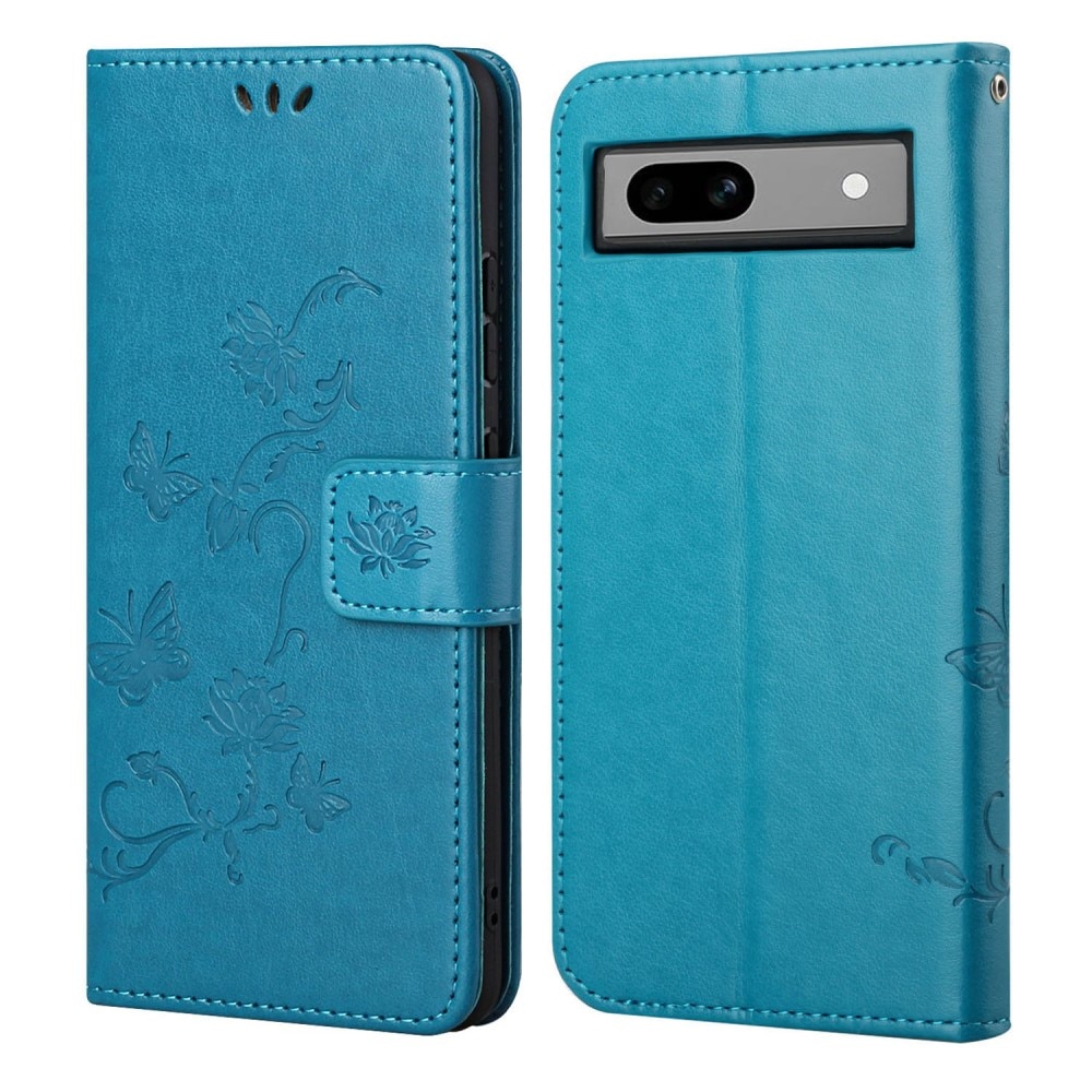 Google Pixel 8a Leather Cover Imprinted Butterflies Blue