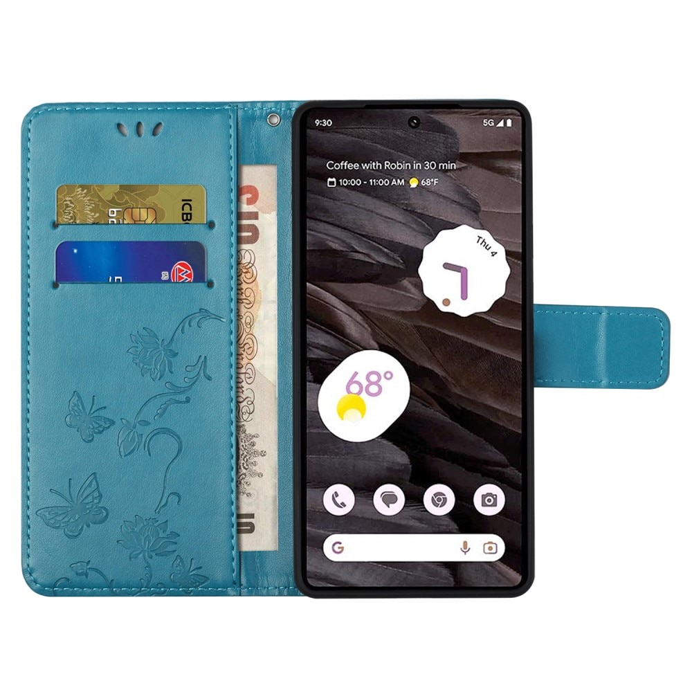 Google Pixel 8a Leather Cover Imprinted Butterflies Blue